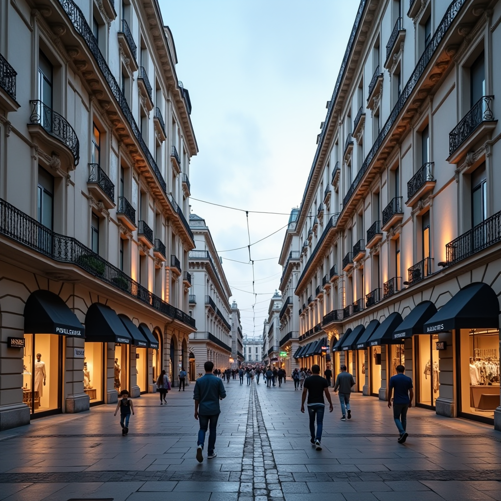 Vista panoramica del quartiere della moda di Milano con Via Monte Napoleone, edifici eleganti e boutique di lusso, atmosfera sofisticata e cosmopolita