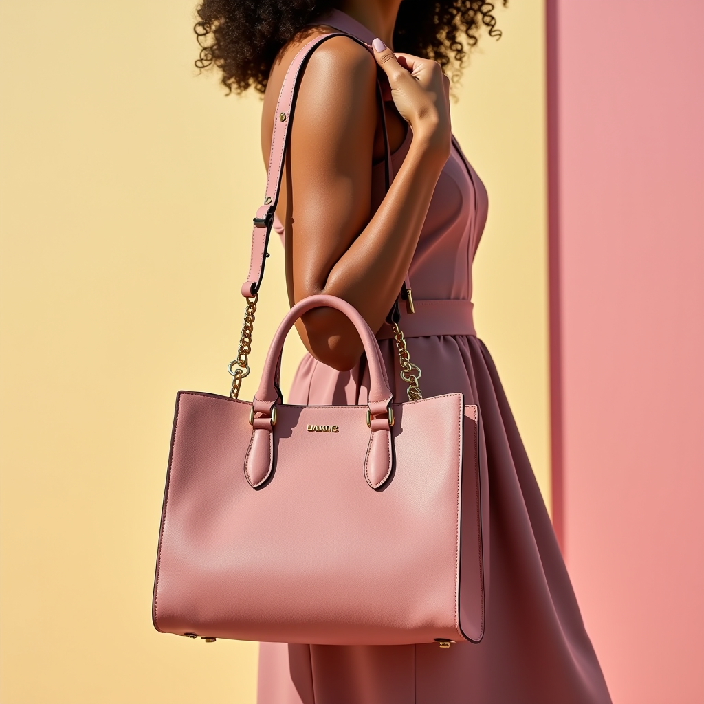 Donna elegante che tiene una borsa alla moda in pelle di alta qualità, sfondo moderno e luminoso con colori pastello, fotografia professionale di moda
