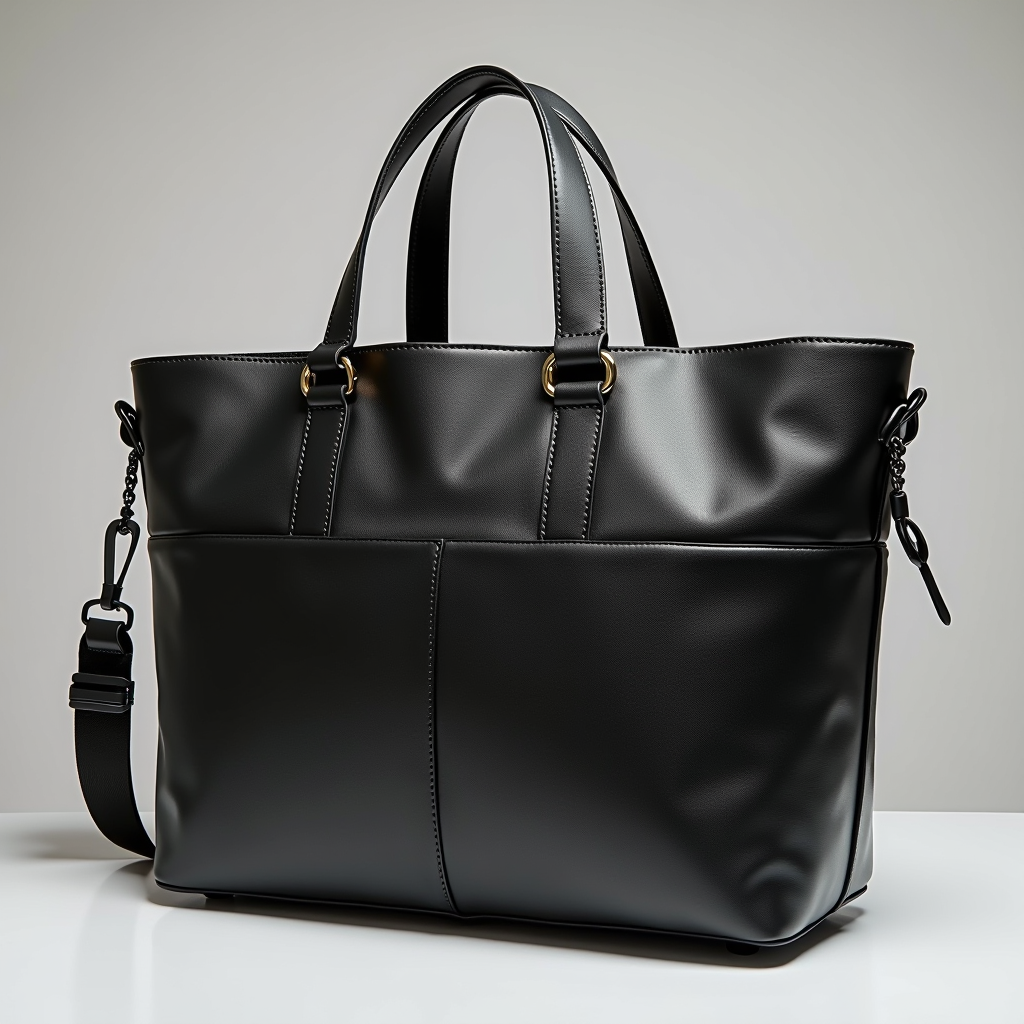 Contemporary designer bag with laptop compartment and water-resistant material, transitioning from office to evening use, showcasing modern urban fashion accessories