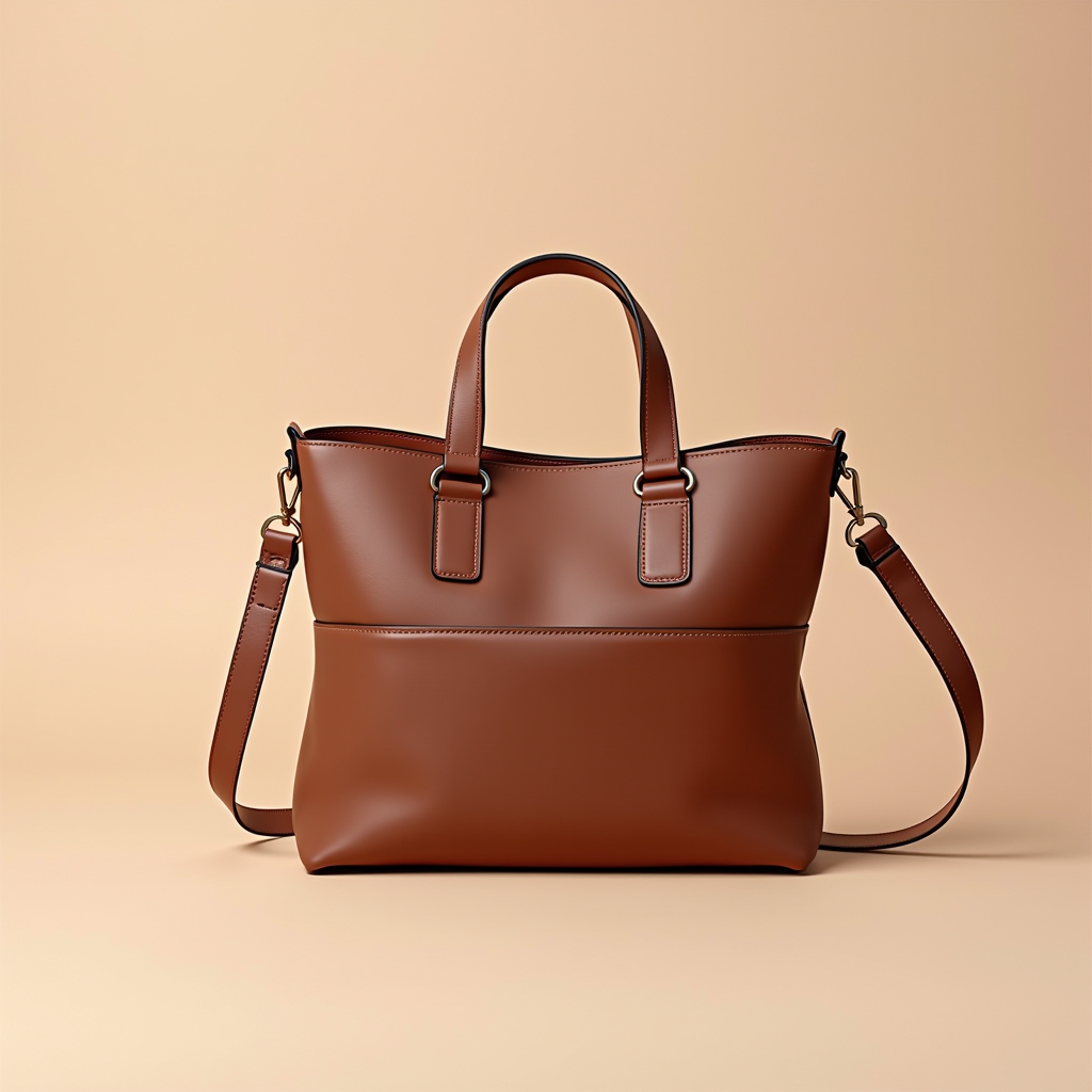 Elegante borsa moderna in pelle con design minimalista, perfetta per l'uso quotidiano, con scomparti organizzati e tracolla regolabile, fotografata su sfondo pastello con luce naturale