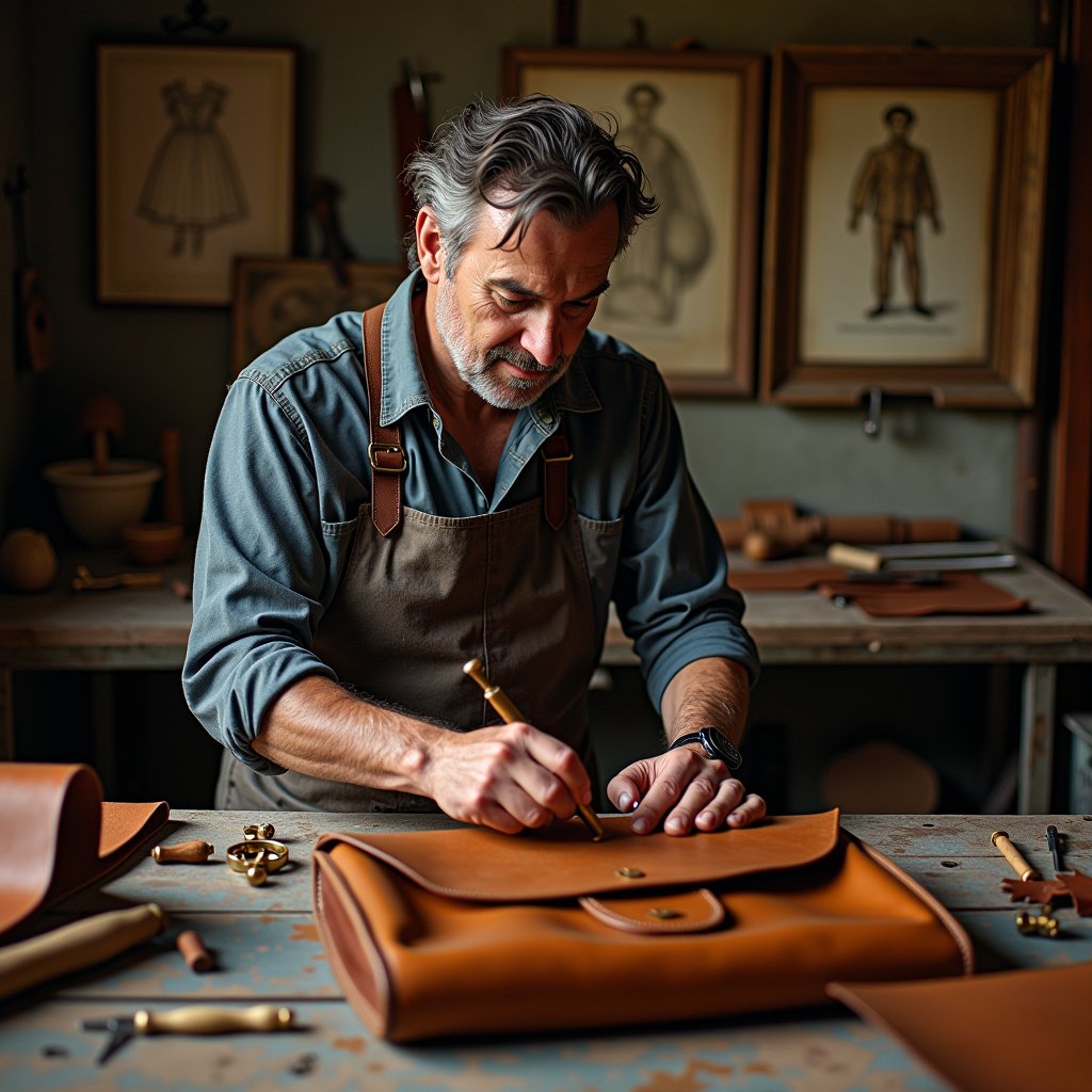 Maestro artigiano italiano che lavora meticolosamente su una borsa in pelle pregiata in un autentico laboratorio toscano, circondato da strumenti tradizionali in ottone e legno, rotoli di pelle conciata al vegetale e schizzi di design vintage appesi alle pareti