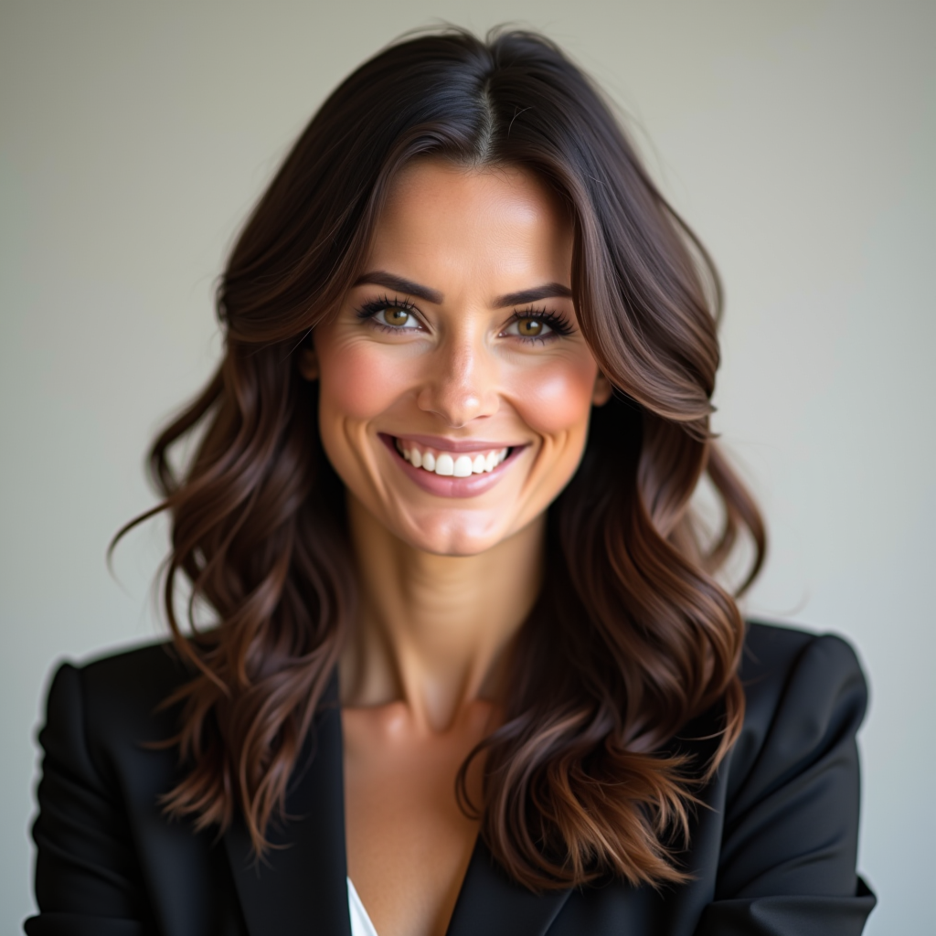 Ritratto professionale di Giulia Rossi, donna elegante con capelli castani, sorriso caloroso, abbigliamento business chic, sfondo neutro