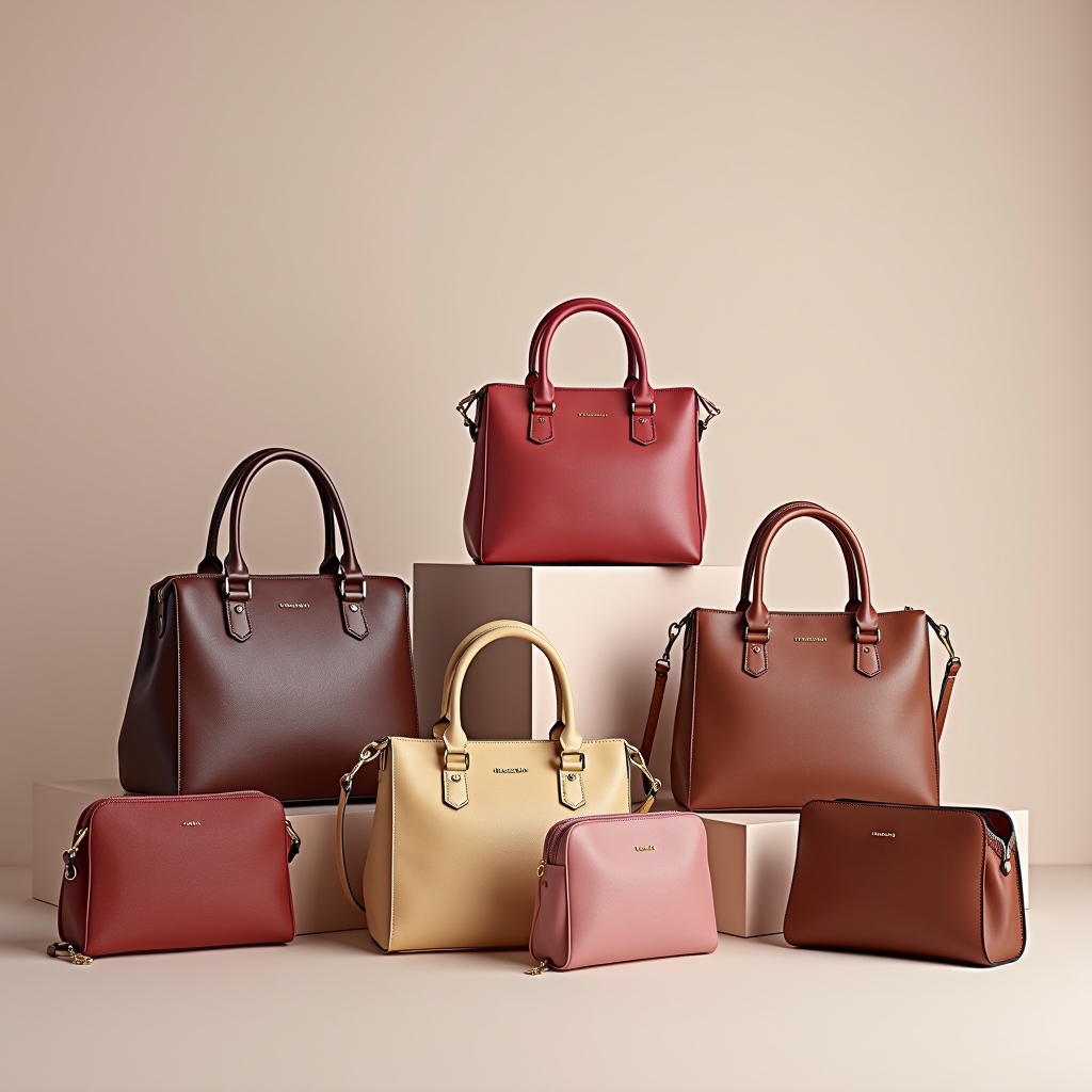 Collezione di borse eleganti da donna disposte artisticamente, varietà di stili e colori, fotografia professionale di prodotto con illuminazione morbida