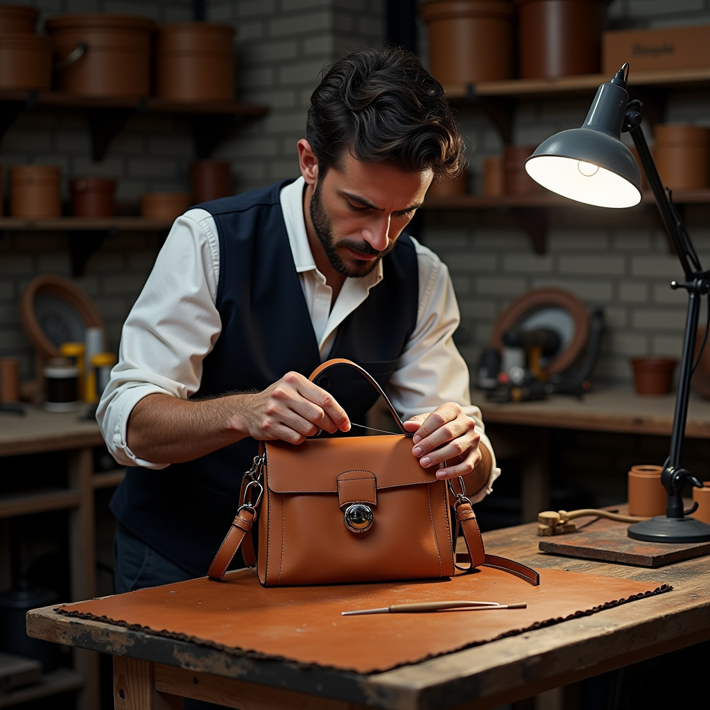 Italian artisan crafting luxury handbag in traditional workshop, showing detailed leather work and centuries-old techniques from Italian bag-making heritage