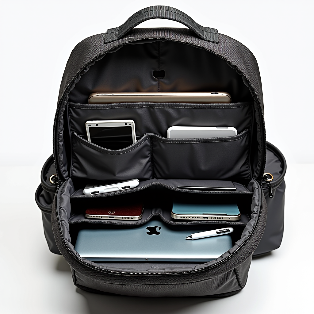 Interno di una borsa ben organizzata con scomparti multipli, tasche strategiche, divisori intelligenti, custodie per dispositivi tecnologici e tasche esterne ad accesso rapido per massima funzionalità