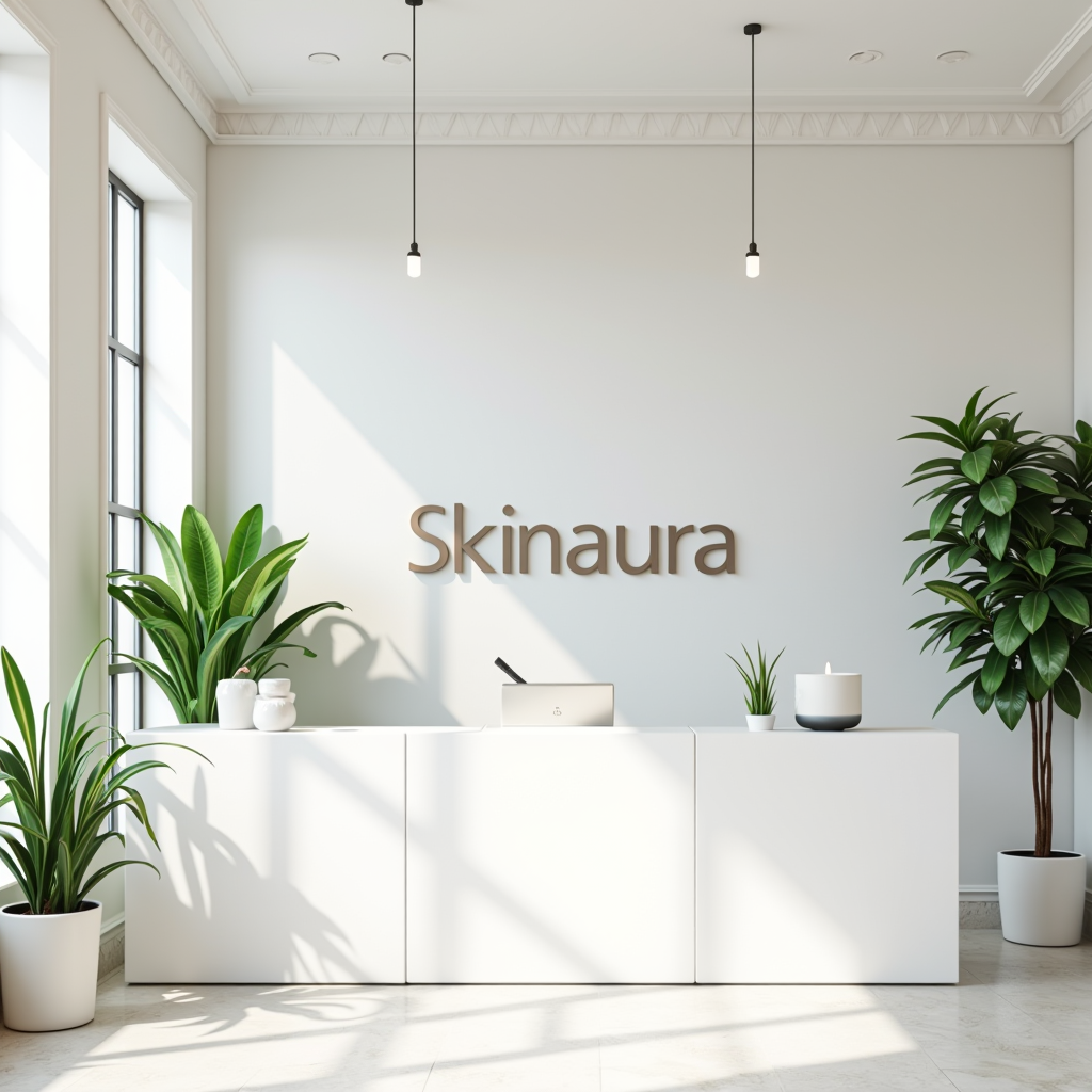 Ufficio moderno di Skinaura a Roma con design minimalista, pareti bianche, piante verdi e atmosfera luminosa che riflette l'approccio fresco e professionale alla skincare