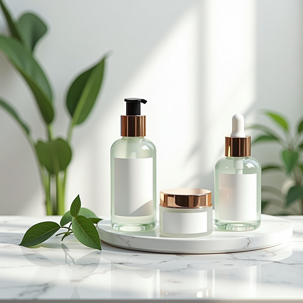 Modern skincare laboratory with elegant cosmetic bottles, serums, and creams arranged on white marble surface with soft natural lighting and botanical elements
