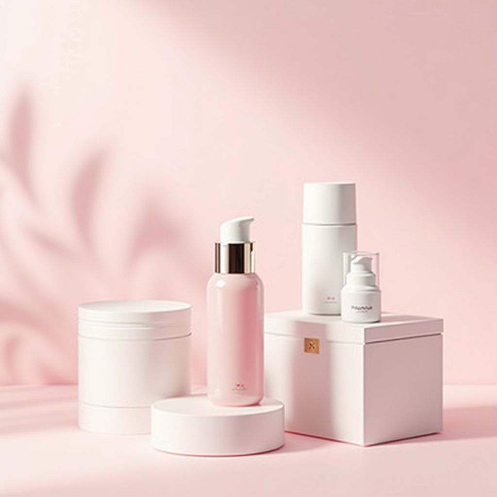Modern skincare blog archive header with elegant cosmetic products, soft pink and white aesthetic, professional beauty content background