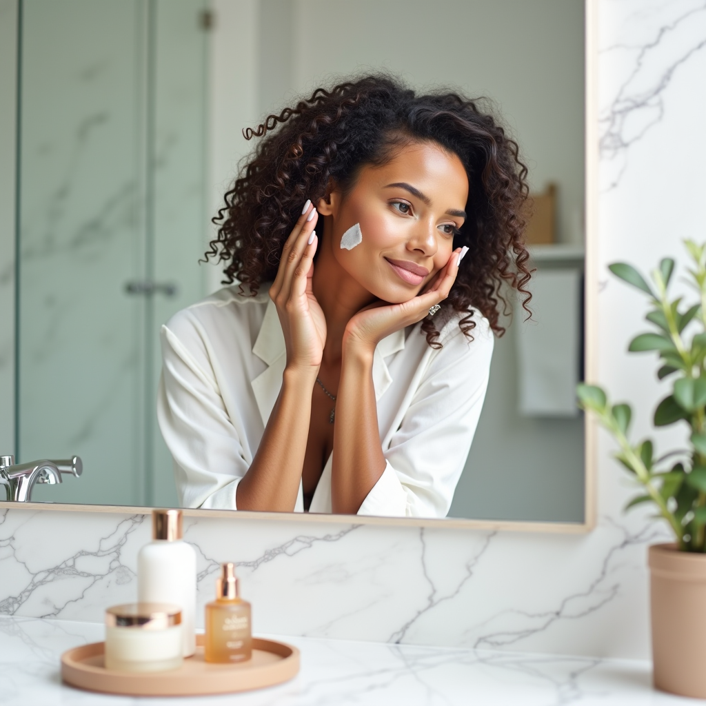 Professionista moderna in bagno luminoso che applica prodotto skincare al viso durante la routine mattutina, con piano in marmo bianco e bottiglie cosmetiche eleganti