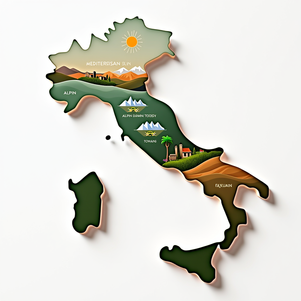 Mappa illustrativa dell'Italia che mostra diverse zone climatiche con icone rappresentative delle stagioni: sole mediterraneo al sud, montagne alpine al nord, colline toscane al centro, con prodotti skincare specifici per ogni regione climatica disposti artisticamente intorno alla mappa