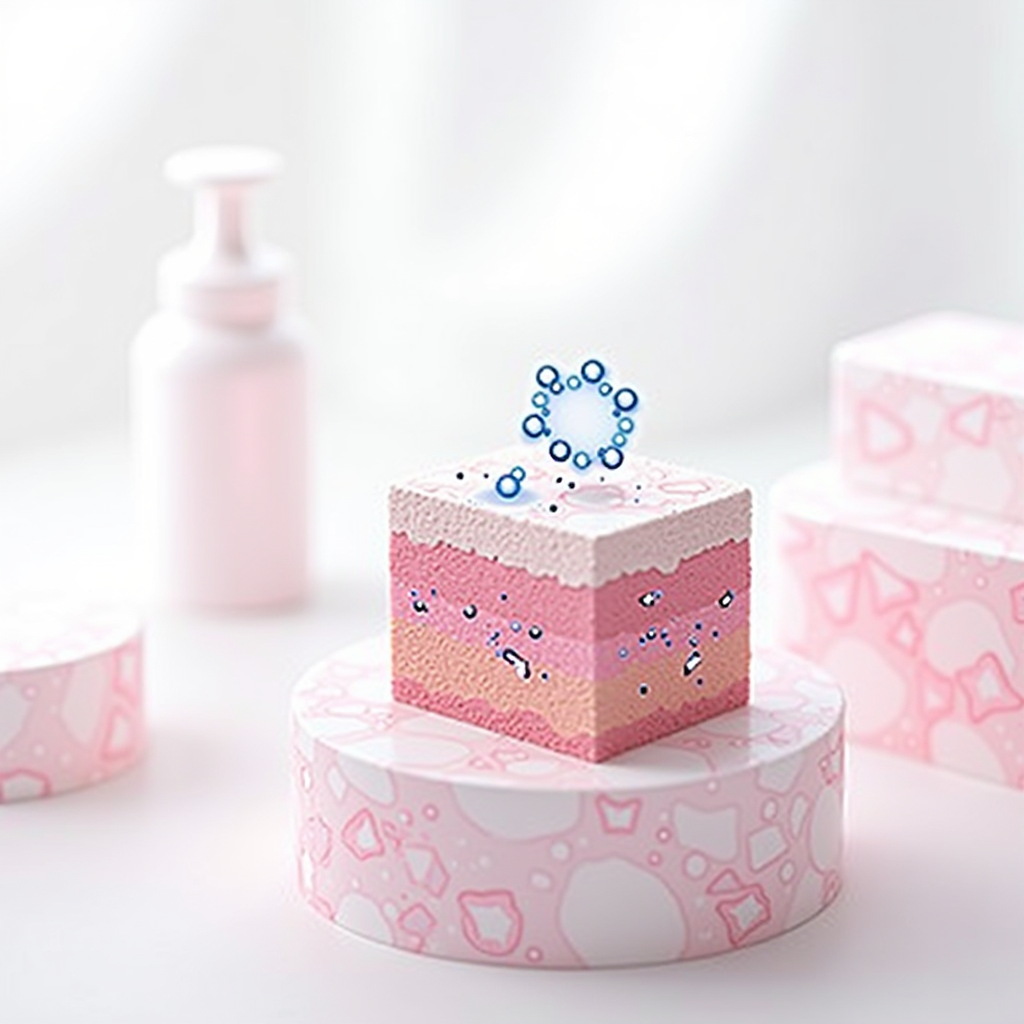 Illustrazione scientifica della struttura molecolare dell'acido ialuronico con molecole d'acqua che si legano ad essa, mostrando gli strati della pelle e la ritenzione dell'umidità, sfondo bianco da laboratorio con accenti rosa tenue