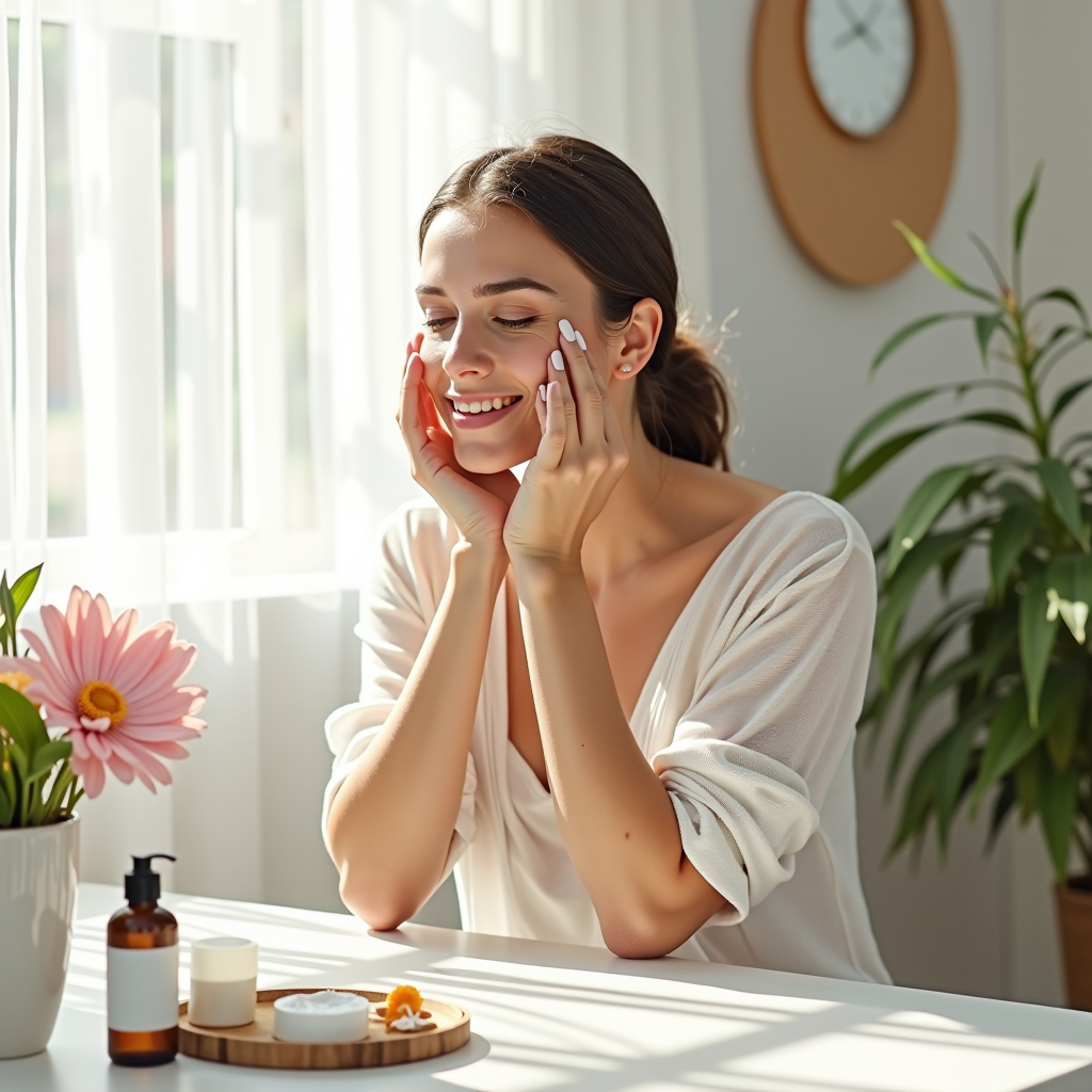 Donna che applica delicatamente una crema idratante sul viso in un ambiente luminoso primaverile, con fiori freschi e prodotti skincare naturali disposti su un tavolo bianco, luce solare morbida che filtra attraverso una finestra