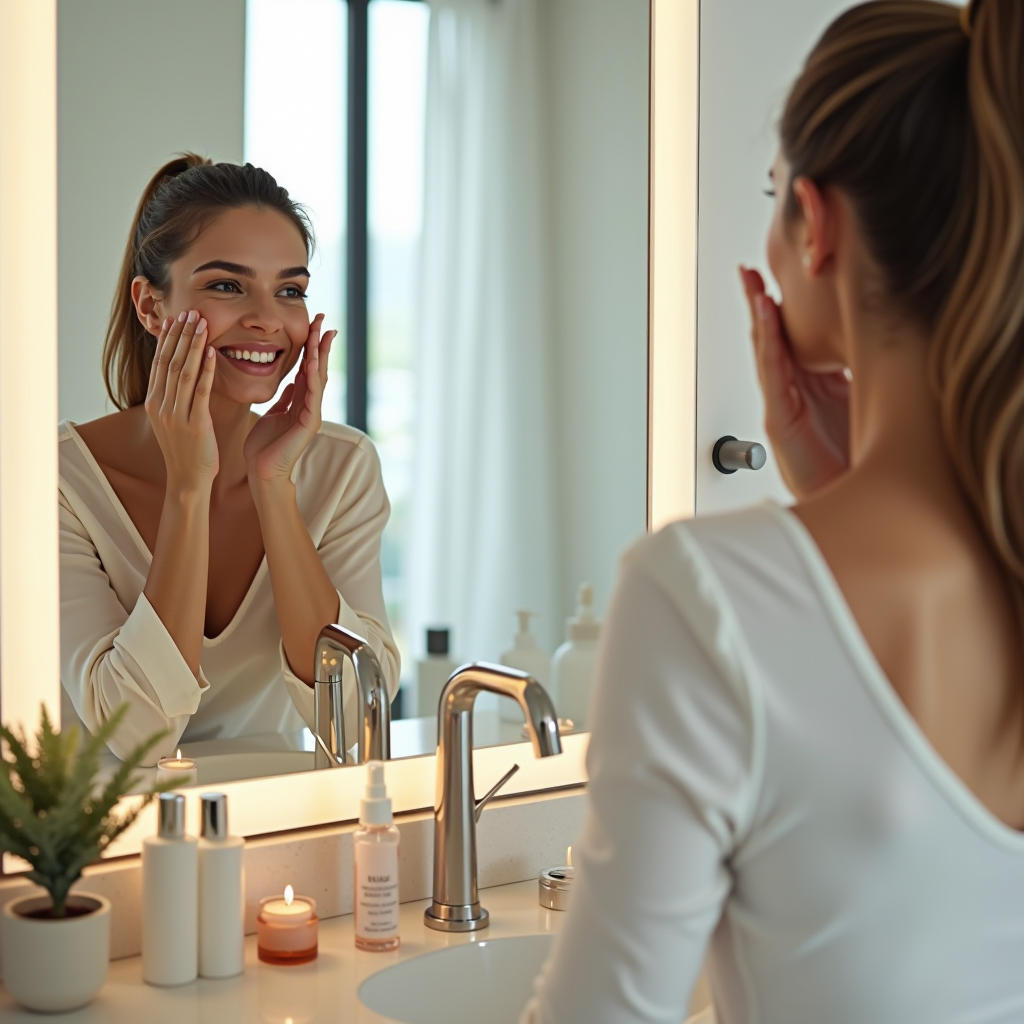 Donna che esamina attentamente il suo viso allo specchio con vari prodotti skincare sul tavolo da toeletta in un bagno moderno e luminoso con luce naturale