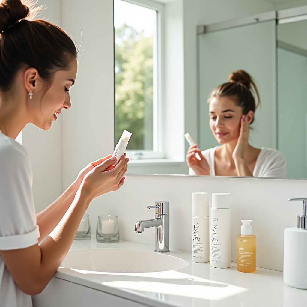 Professional woman applying skincare products in modern bathroom with natural morning light, minimalist white countertop with essential skincare bottles, fresh and clean aesthetic, time-efficient beauty routine