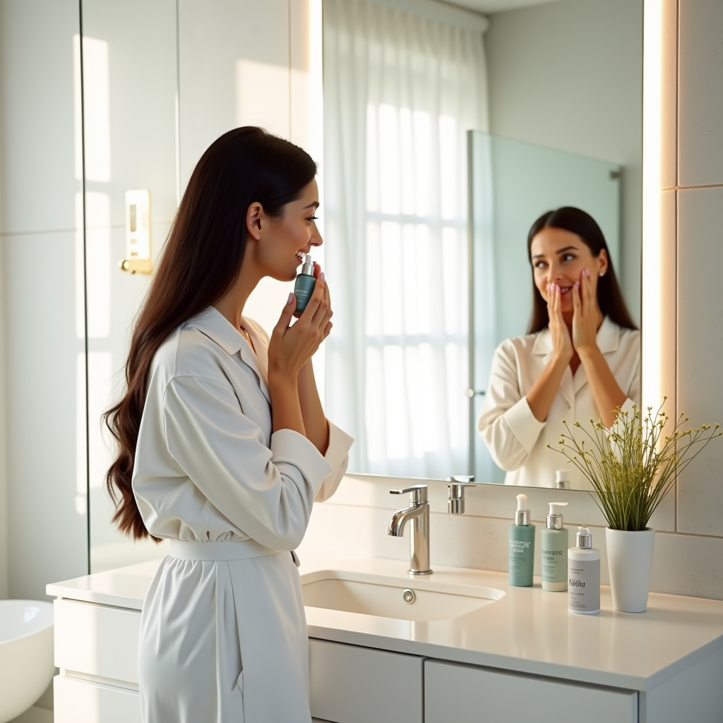 Professional woman applying skincare products in modern bathroom with natural morning light, minimalist white countertop with essential skincare bottles, fresh and clean aesthetic