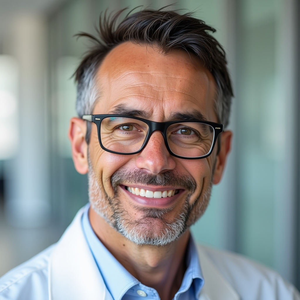 Marco Bianchi, esperto di dermatologia e consulente scientifico, uomo professionale con occhiali e aspetto competente