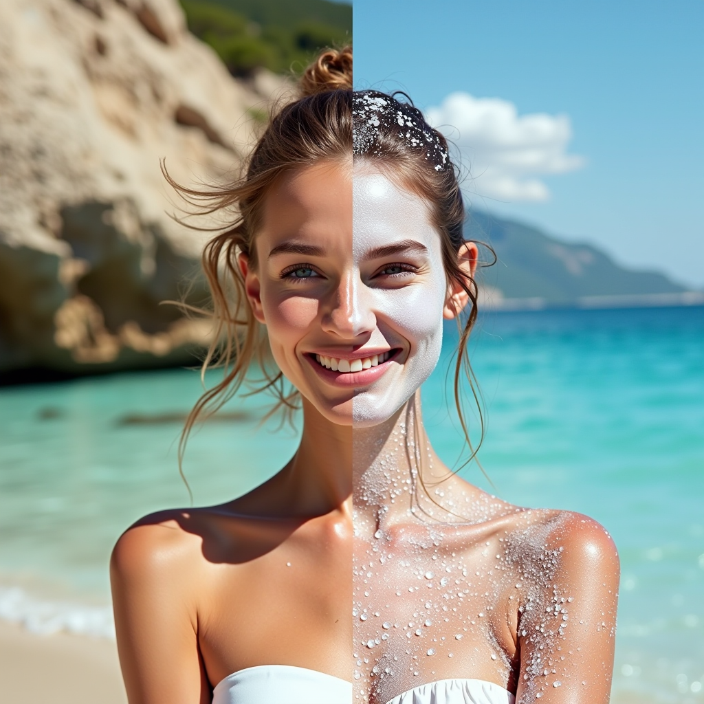 Split image showing Italian Mediterranean coastal summer scene and Alpine winter landscape, diverse skin types represented, seasonal skincare products arranged by climate zones, Italian geography beauty concept