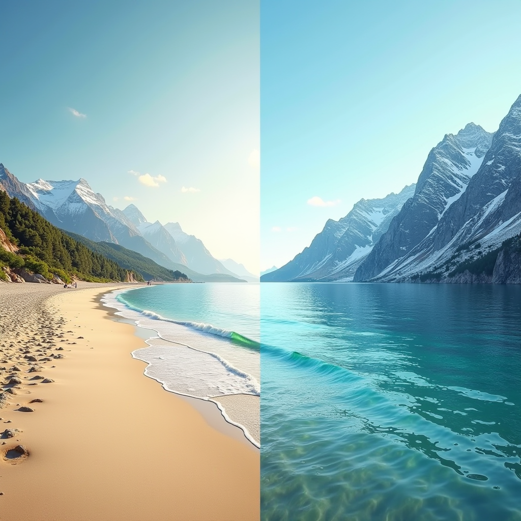 Split image showing Italian Mediterranean coastal landscape with sunny beach and Alpine mountain scenery with snow, representing diverse climate zones affecting skin care needs throughout Italy