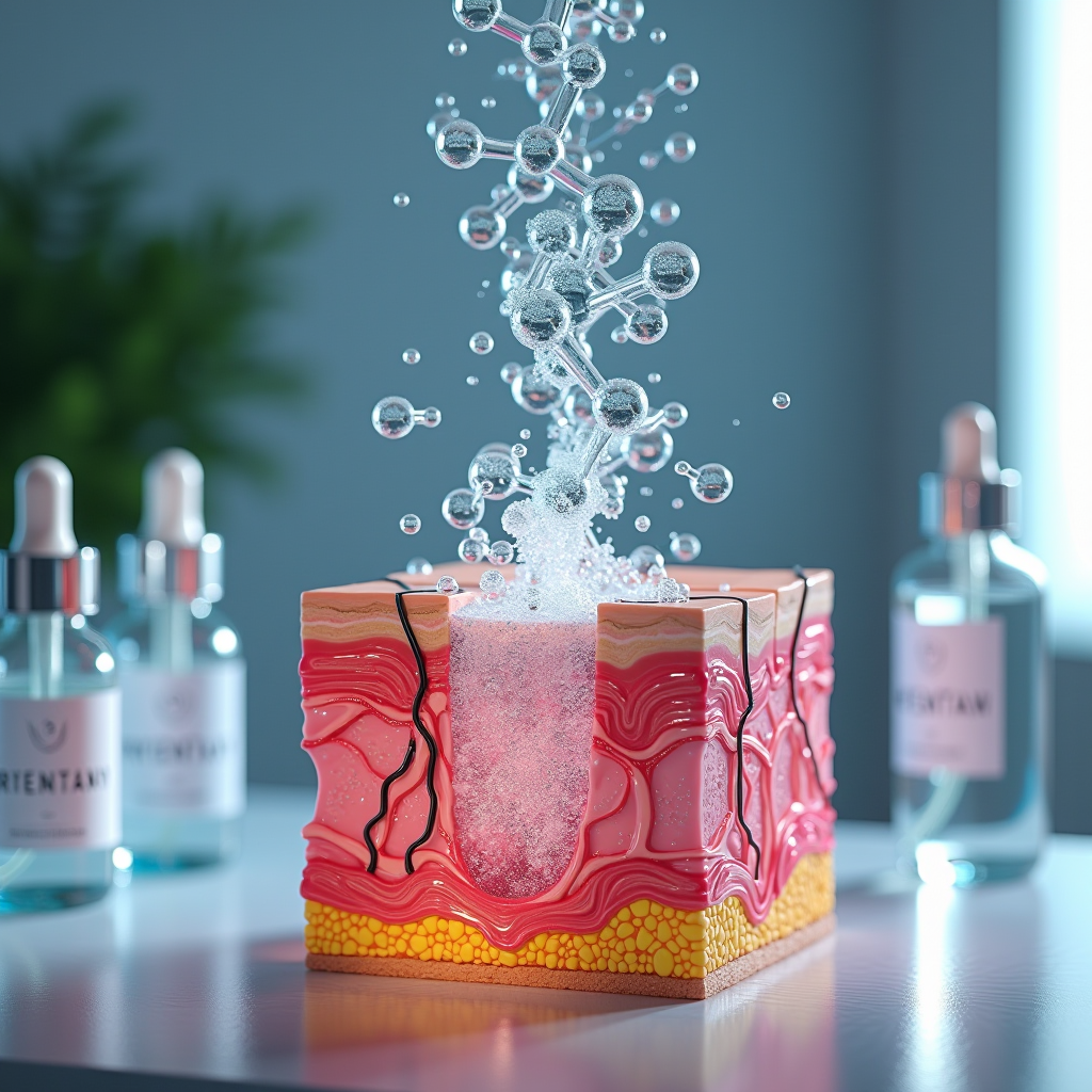 Scientific visualization of hyaluronic acid molecules binding with water at cellular level, microscopic skin tissue cross-section showing hydration, modern laboratory setting with skincare serum bottles, molecular structure diagram