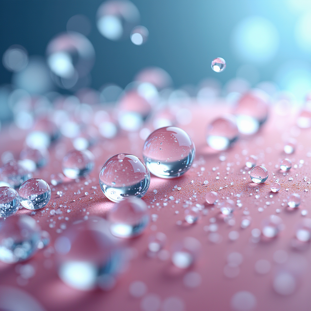 Close-up microscopic view of hyaluronic acid molecules binding with water droplets, scientific visualization showing molecular structure with transparent serum droplet on skin surface, modern laboratory aesthetic
