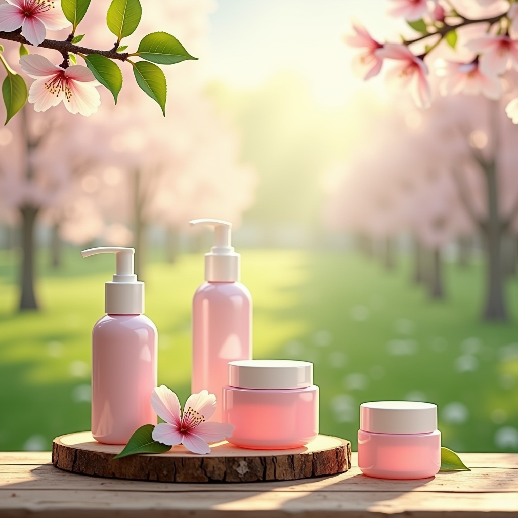 Beautiful spring scene with blooming cherry blossoms and fresh green leaves, skincare products arranged on natural wooden surface with soft morning sunlight, representing seasonal transition from winter to spring